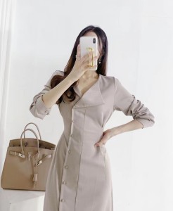 PS52676# 韩版chic小众设计不规则排扣后背系带显瘦长款连衣裙 服装批发女装直播货源