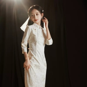 PS53464# 白色改良蕾丝旗袍新款少女年轻款气质高端订婚领证长袖秋季 服装批发女装直播货源