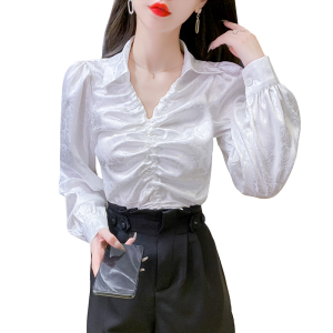 KM24574#秋季长袖提花衬衣抽绳抽褶设计感修身衬衣洋气女装上衣