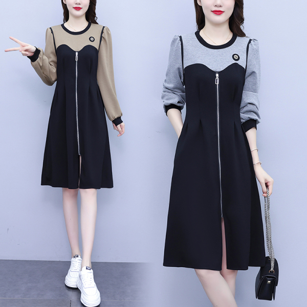 KM27352#新款韩版卫衣时尚修身显瘦撞色拼接连衣裙