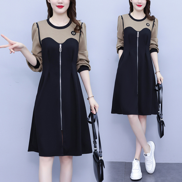 RM4403#大码女装2023春季新款韩版卫衣时尚修身显瘦撞色拼接连衣裙
