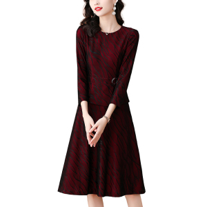 MY3473#酒红色印花假两件连衣裙22新款女秋季丝绒拼接修身显瘦气质大摆裙