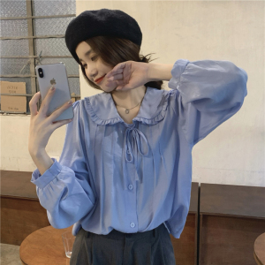 RM25249#法式设计感甜美减龄娃娃领长袖衬衫女韩版百搭系带衬衣