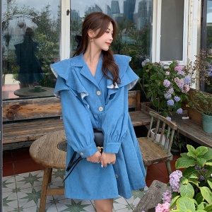 KM25918#新款韩版设计感荷叶边气质休闲长袖连衣裙风衣外套