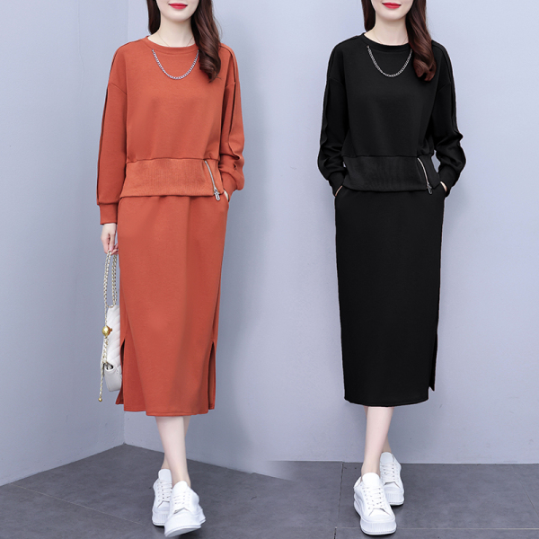 RM2450#大码新款套装女 设计款链条拉链卫衣开叉半身裙两件套