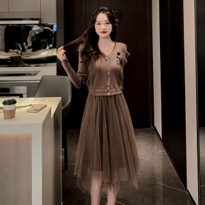 KM29152#新款复古小香风气质显瘦网纱拼接针织连衣裙高品质