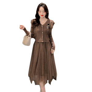 KM29152#新款复古小香风气质显瘦网纱拼接针织连衣裙高品质