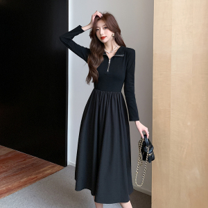 KM24308#秋冬新款长袖针织拼接气质瘦腰显瘦黑色连衣裙