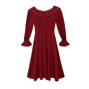 KM24233#新款酒红色缎面订婚礼服女小个子平时可穿中长款连衣裙
