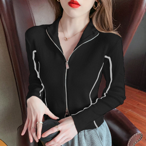 KM24304#新款时尚双向拉链设计感酷帅风针织衫女修身显瘦百搭潮流上衣