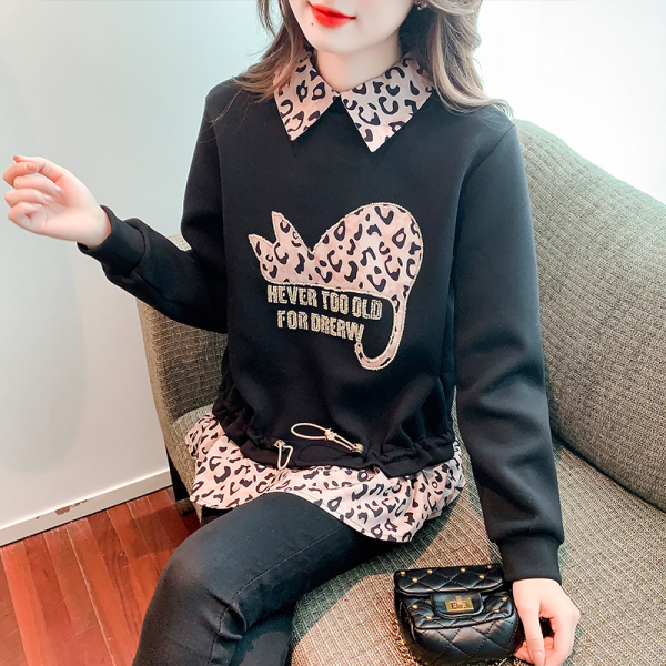 KM24451#秋季新款时尚休闲宽松假两件豹纹印花黑色卫衣