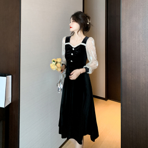 RM2319#新款法式方领蕾丝拼接丝绒中长款赫本风小黑裙