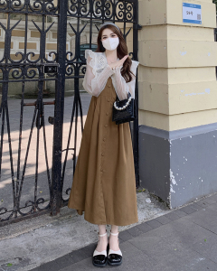 KM24224#新款甜美娃娃领裙子女装收腰显瘦气质复古连衣裙