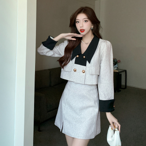 TR55934# 秋季韩版新款时尚轻熟御姐两件套短款V领上衣+高腰开叉半身裙