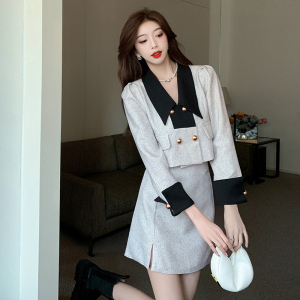 TR55934# 秋季韩版新款时尚轻熟御姐两件套短款V领上衣+高腰开叉半身裙