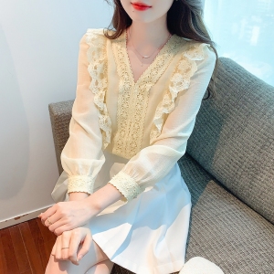 RM414#超仙v领雪纺上衣女2023春装新款荷叶边时髦漂亮小衫显瘦