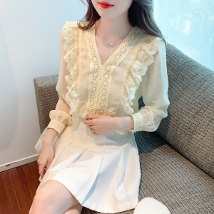 RM414#超仙v领雪纺上衣女2023春装新款荷叶边时髦漂亮小衫显瘦