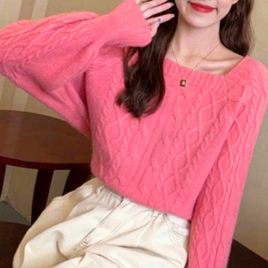 PS55370# 春秋新款方领气质麻花针织套头衫收腰显瘦优雅时尚女毛衣  服装批发女装直播货源