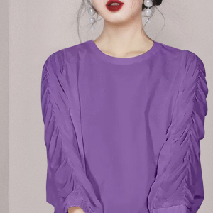 KM27308#新款法式慵懒衬衫女紫色圆领堆堆袖宽松上衣