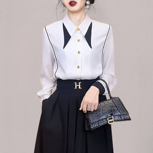 KM27309#新款高级感时尚套装女黑白撞色衬衫半裙两件套