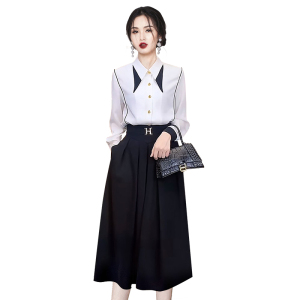 KM27309#新款高级感时尚套装女黑白撞色衬衫半裙两件套