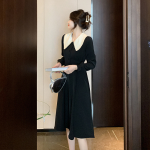 RM143#新款气质拼接娃娃领设计绑带收腰黑色中长款连衣裙