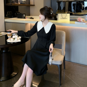 RM143#新款气质拼接娃娃领设计绑带收腰黑色中长款连衣裙