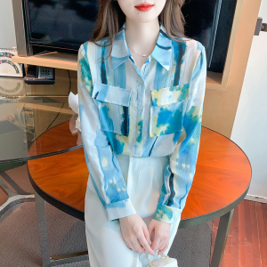 RM440#艺术家衬衫印花真丝衬衫新款宽松时尚翻领上衣