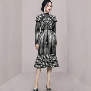 Coarse tweed coat slim waist ruffle edge woolen coat female