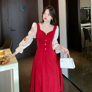 KM24601#新款连衣裙法式酒红色高级感显瘦中国风新年红色礼服