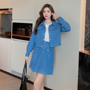 TR48617# 大码女装秋季气质牛仔套装显瘦长袖外套A字半身裙两件套 服装批发女装批发服饰货源