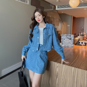 TR48617# 大码女装秋季气质牛仔套装显瘦长袖外套A字半身裙两件套 服装批发女装批发服饰货源