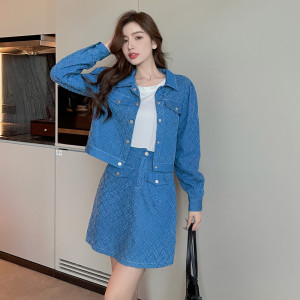 TR48617# 大码女装秋季气质牛仔套装显瘦长袖外套A字半身裙两件套 服装批发女装批发服饰货源