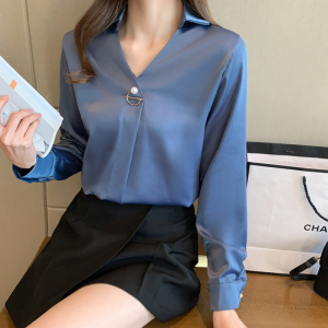 KM24677#新款韩版百搭V领通勤气质修身显瘦长袖衬衫女上衣