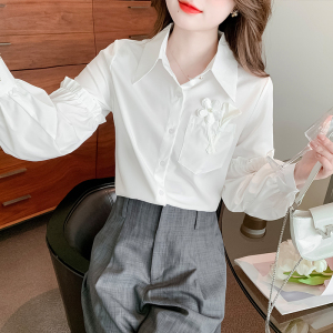 RM21199#白色长袖衬衫女士2023年秋季新款独特别致高级感小众衬衣洋气上衣