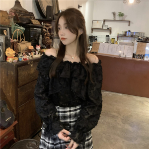 KM26663#韩版chic设计感荷叶边两穿一字肩上衣显瘦气质长袖衬衫