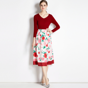 PS65299# 秋季新款印花法式复古高腰半身裙+酒红针织衫套装 服装批发女装服饰货源