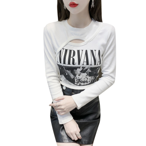 RM670#长袖镂空圆领修身印花字母上衣秋装T恤显瘦新款女装
