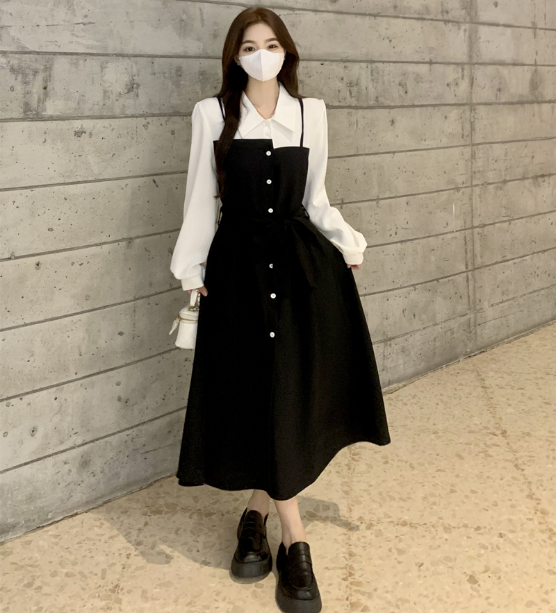 Plus size women's clothing for fat mm spring and autumn two-piece Hepburn style French preppy style long-sleeved waist design dresses