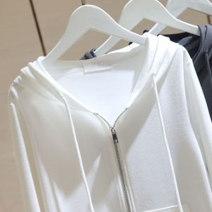 KM25327#白色连帽休闲长袖卫衣女秋季新款设计感小众拉链短袖开衫外套上衣