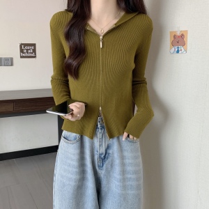 KM24828#针织长袖t恤女秋季韩版设计感小众短款连帽开衫拉链上衣