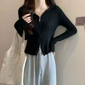 KM24828#针织长袖t恤女秋季韩版设计感小众短款连帽开衫拉链上衣
