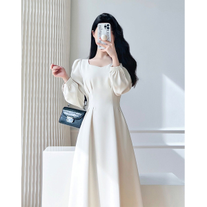 RM25320#白色连衣裙女2023年秋季新款方领法式复古显瘦领证小白裙