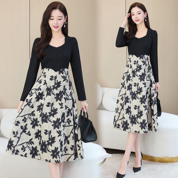 RM21576#新款高级感气质女神范名媛长袖黑色法式茶歇连衣裙