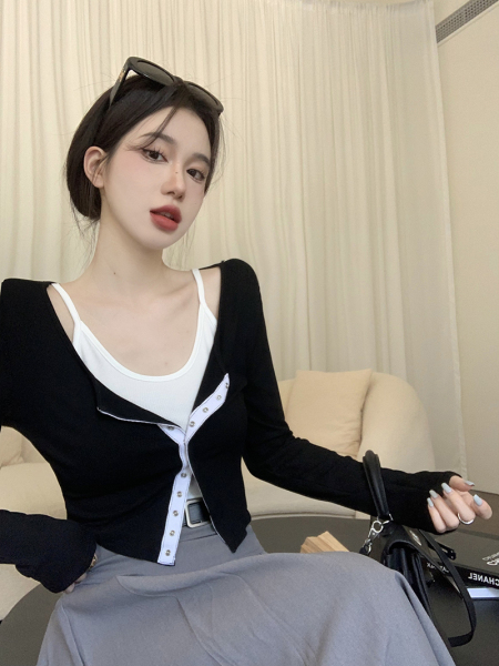 KM24563#韩版针织开衫两件套女修身气质内搭吊带长袖上衣