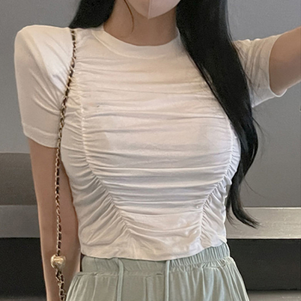 KM26196#韩国东大门气质女人味性感褶皱修身舒适带垫肩短袖T恤上衣女
