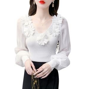 RM672#修身针织衫立体花朵拼接秋季长袖女装新款小众洋气