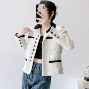PS57903# 韩国chic秋季法式复古撞色翻领单排扣口袋设计长袖粗花呢西装外套