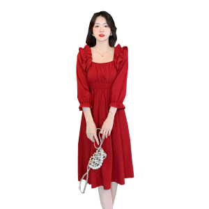 RM1790#新款法式气质方领木耳边温柔风红色连衣裙