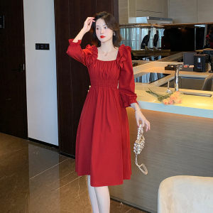 RM1790#新款法式气质方领木耳边温柔风红色连衣裙